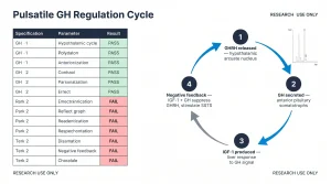 Pulsatile GH regulation cycle diagram: circular loop with four labeled nodes. Node 1: "GHRH released - hypothalamic arcuate nucleus". Node 2: "GH secreted - anterior pituitary somatotrophs". Node 3: "IGF-1 produced - liver response to GH signal". Node 4: "Negative feedback - IGF-1 + GH suppress GHRH, stimulate SSTS". Arrow from Node 4 back to Node 1 shows loop. Electric blue for stimulatory arrows, gray for inhibitory, navy nodes. Research use only label. White background.