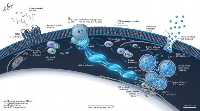 Diagram showing GIP receptor on a beta-cells, Gs subunit, AC, cAMP production, PKA action, and glucose-based insulin sac fusion.