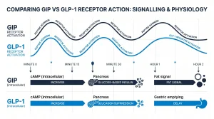 Comparing GIP receptor action (cAMP, glucose-based insulin, fat signal) vs GLP-1 receptor action (cAMP, glucagon suppression, gastric emptying delay) in pancreas and extra-pancreas tissues.