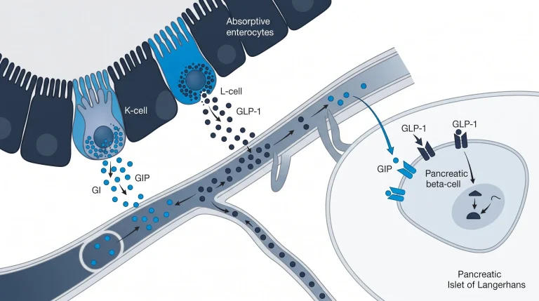 Diagram showing GLP-1 release from gut L-cells and GIP release from gut K-cells, both acting on pancreatic beta-cell receptors.
