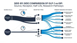 Side-by-side comparison of GLP-1 vs GIP: source cells, receptor types, native half-lives, and primary research pathways.
