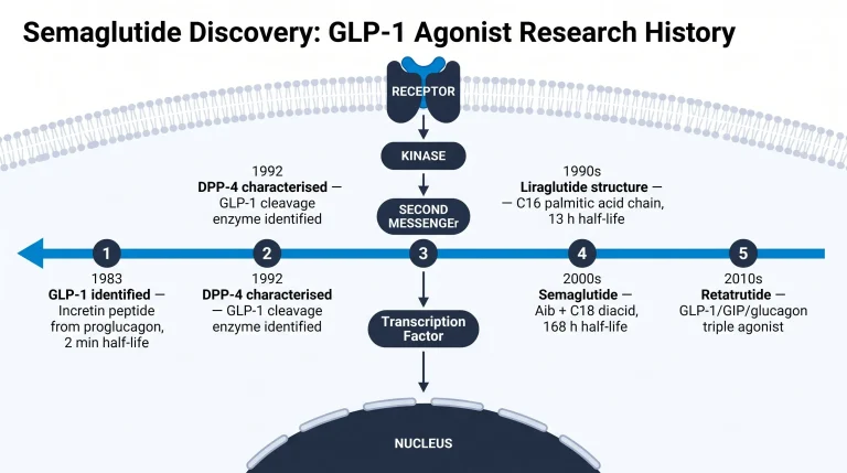 Horizontal research timeline of GLP-1 agonist discovery: five labeled nodes on a left-to-right arrow. Node 1 (1983): "GLP-1 identified — Incretin peptide from proglucagon, 2 min half-life". Node 2 (1992): "DPP-4 characterised — GLP-1 cleavage enzyme identified". Node 3 (1990s): "Liraglutide structure — C16 palmitic acid chain, 13 h half-life". Node 4 (2000s): "Semaglutide — Aib + C18 diacid, 168 h half-life". Node 5 (2010s): "Retatrutide — GLP-1/GIP/glucagon triple agonist". Navy nodes, electric blue timeline arrow, white background, flat editorial.