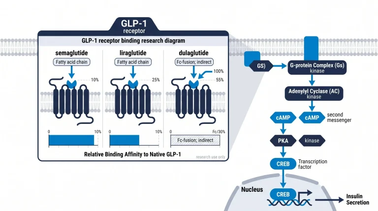 Three-column GLP-1 receptor binding research diagram: each column shows one analog — semaglutide, liraglutide, dulaglutide — binding to a stylized GLP-1 receptor transmembrane domain. Each column labeled with compound name, fatty acid chain type, and receptor binding affinity relative to native GLP-1 (shown as a bar below each receptor). Semaglutide bar longest (highest affinity), liraglutide mid, dulaglutide labeled "Fc-fusion; indirect". Navy receptor shape, electric blue binding arrows, white background, research use only.