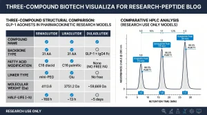 Three-compound structural comparison table: semaglutide / liraglutide / dulaglutide. Rows: backbone type, fatty acid modification, linker type, molecular weight, and half-life in pharmacokinetic research models. Semaglutide: 31 aa, C18 diacid/mini-PEG, 4113.6 Da, ~168 h. Liraglutide: 31 aa, C16 palmitic/Glu, 3751.2 Da, ~13 h. Dulaglutide: GLP-1 + IgG4 Fc, no free fatty acid, ~59,669 Da, ~5 days. Navy header row, alternating gray rows, research use only footer.