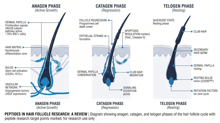 Diagram showing anagen, catagen, and telogen phases of the hair follicle cycle with peptide research target points marked, for research use only