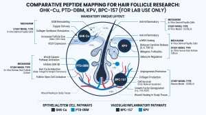 Infographic comparing GHK-Cu, PTD-DBM, KPV, and BPC-157 by hair follicle research target, mechanism, and study model type, for lab use only