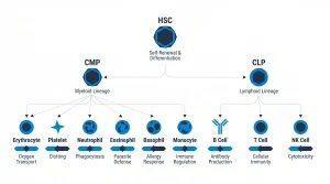 Hematopoiesis lineage tree from hematopoietic stem cell (HSC) at apex: two primary branches — Common Myeloid Progenitor (CMP, left branch) differentiating to erythrocytes, platelets, neutrophils, eosinophils, basophils, monocytes; Common Lymphoid Progenitor (CLP, right branch) differentiating to B cells, T cells, NK cells. Each terminal node labeled with cell name and mature function tag.