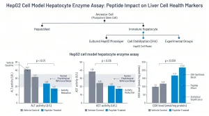 HepG2 cell model hepatocyte enzyme assay bar chart: three paired bars — ALT activity (U/L), AST activity (U/L), and GSH level (nmol/mg protein) — each showing vehicle control (gray) vs peptide-treated (electric blue). Reference range band shown for ALT and AST. Labeled axes, p-value annotation, navy/blue palette, minimal grid lines.