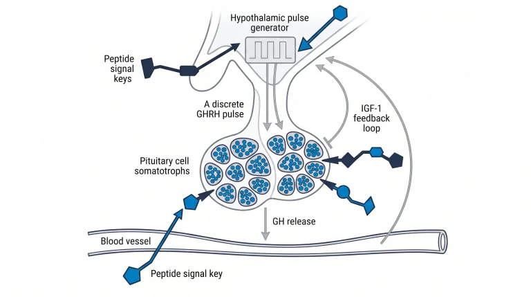 Diagram of the hypothalamic-pituitary axis showing GHRH pulse from hypothalamus to pituitary somatotrophs, GH release into blood, and IGF-1 feedback loop, for research use only