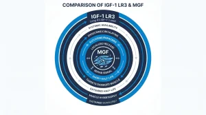 Side-by-side infographic comparing IGF-1 LR3 and MGF on key research parameters including mechanism, half-life, site of action, and receptor binding