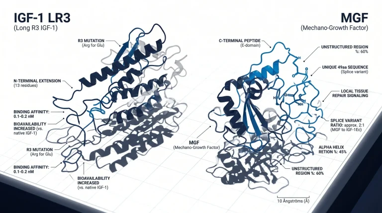 Scientific illustration showing the molecular structures of IGF-1 LR3 and MGF peptides side by side, highlighting their key structural differences