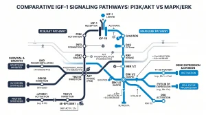 Comparing the PI3K/Akt (survival and growth) vs MAPK/ERK (gene expression and division) branches of IGF-1 signaling and their downstream targets.