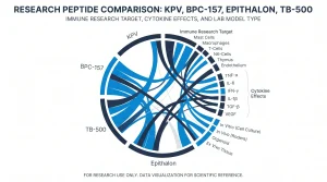 Infographic comparing KPV, BPC-157, Epithalon, and TB-500 by immune research target, cytokine effects, and lab model type, for research use onlY
