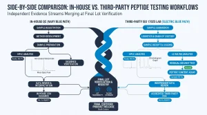 Side-by-side comparison of in-house vs. third-party peptide testing workflows, showing COA issuance, purity percentage, and lot traceability steps