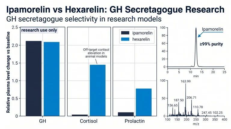 Three-panel bar chart comparing GH secretagogue selectivity in research models: x-axis shows three hormones — GH, Cortisol, Prolactin. Each hormone has two bars: ipamorelin (navy) and hexarelin (electric blue). GH bars: both elevated, roughly equal height. Cortisol bars: ipamorelin near-zero, hexarelin significantly elevated with annotation "Off-target cortisol elevation in animal models". Prolactin bars: ipamorelin minimal, hexarelin moderate. Y-axis "Relative plasma level change vs baseline". Legend top-right. Clean grid, research use only label.