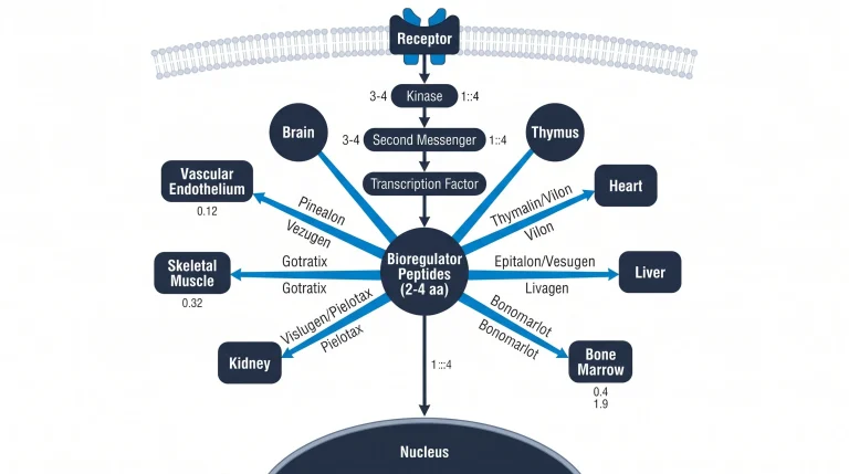 Radial hub-and-spoke diagram of the Khavinson bioregulator concept: a central node labeled "Bioregulator Peptides (2-4 aa)" with eight spokes radiating outward to labeled organ nodes — Brain, Thymus, Heart, Liver, Bone Marrow, Kidney, Skeletal Muscle, and Vascular Endothelium. Each spoke is annotated with the bioregulator peptide name for that tissue. Navy and electric blue on white, flat editorial vector style