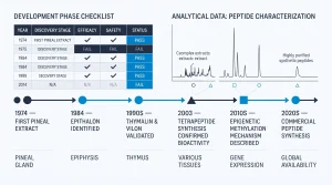 Horizontal research timeline of Khavinson bioregulator discoveries: 1974 - first pineal peptide extract; 1984 - Epithalon identified; 1990s - thymus peptides Thymalin and Vilon validated; 2003 - tetrapeptide synthesis confirmed bioactivity; 2010s - epigenetic methylation mechanism described; 2020s - commercial peptide synthesis. Each node labeled with key discovery and tissue target. 