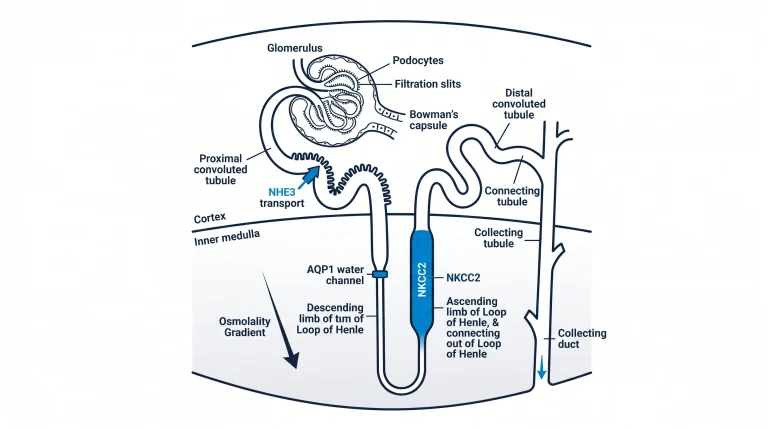 Single nephron anatomical diagram: glomerulus with podocytes, filtration slits, and Bowman's capsule at top; proximal convoluted tubule with brush border and NHE3 transport label; descending limb of Henle (AQP1 water channel labeled); ascending limb (NKCC2 labeled); distal convoluted tubule; connecting tubule; collecting duct at bottom. Osmolality gradient arrow in the medullary space. Navy outlines, blue labels, white background.