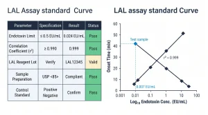 LAL assay standard curve graph: x-axis = log10 endotoxin concentration (EU/mL) from 0.001 to 100; y-axis = onset time (minutes) from 0 to 60; five standard points plotted as navy diamonds with regression line; r² = 0.999 labeled on the line; a test sample point plotted at 42 min reading back as "0.007 EU/mL" on the curve. Electric blue test sample marker, navy standard curve line, white background.