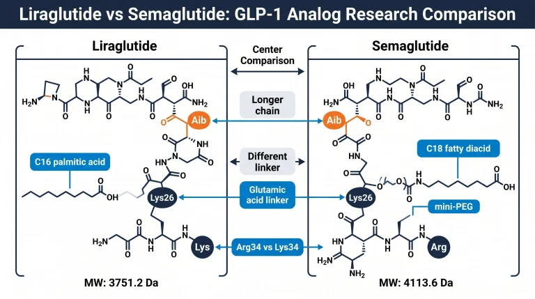 Diagram comparing liraglutide vs semaglutide structures: both 31-residue GLP-1(7-37) analogs with Aib at position 8, liraglutide with C16 palmitic acid chain via glutamic acid linker at position 26 and Lys at position 34, semaglutide with C18 diacid chain via mini-PEG spacer at position 26 and Arg at position 34, molecular weights 3751.2 Da vs 4113.6 Da, for research purposes only
