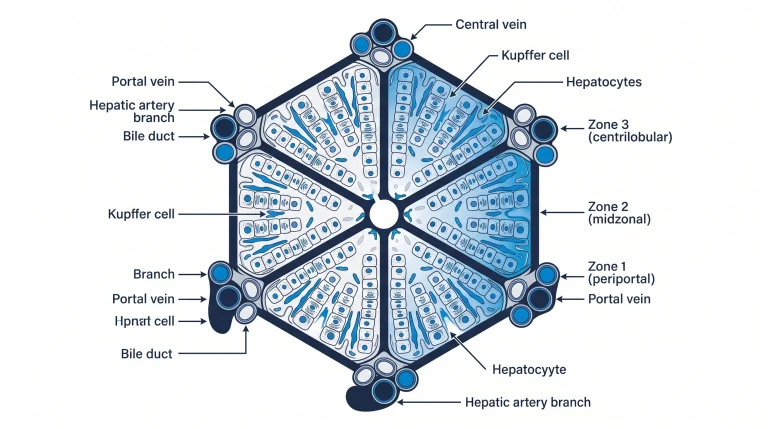 Classic hepatic lobule cross-section: hexagonal lobule architecture with portal triads at six corners (each showing portal vein branch, hepatic artery branch, and bile duct in cross-section), hepatocyte plates radiating toward the central vein at lobule center, sinusoidal spaces with Kupffer cells labeled, hepatocyte visible nucleus and endoplasmic reticulum. Zone 1/2/3 metabolic gradient labeled from periportal to centrilobular. Navy outlines, electric blue for zone gradient.