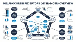 Infographic showing all five melanocortin receptors MC1R through MC5R with their body locations, key ligands, and primary research areas, for research purposes only