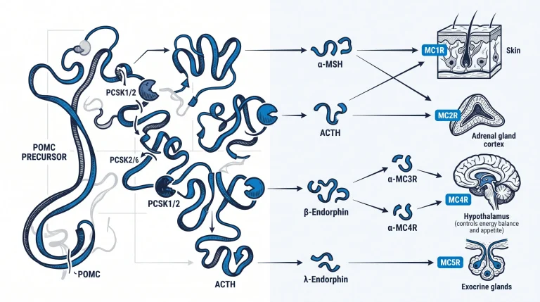 Diagram showing POMC protein being cleaved by enzymes into alpha-MSH and other peptides, with arrows to MC1R through MC5R in different body tissues, for research purposes only
