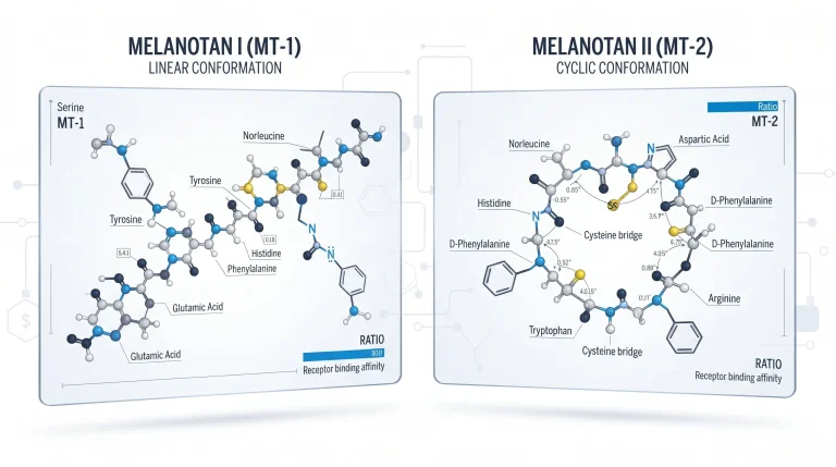 A graphic comparing the 2D chemical structures of Melanotan 1 and Melanotan 2, highlighting the linear chain of MT-1 and the ring shape of MT-2.