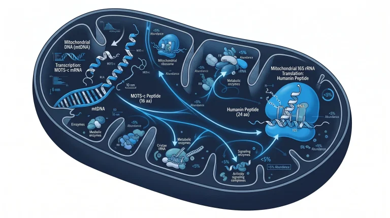 MOTS-c vs Humanin peptide structures shown against a mitochondrion, illustrating their shared origin from mitochondrial DNA.
