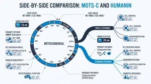 Side-by-side comparison of MOTS-c and Humanin showing gene origin, amino acid size, primary pathway, and key research areas.