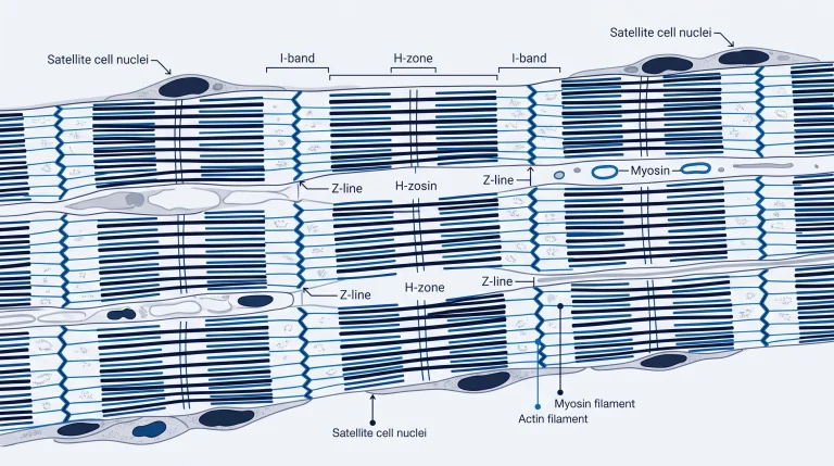 Electron micrograph-style cross-section illustration of a skeletal muscle fiber bundle: three parallel myofibrils showing clear A-band (dark), I-band (light), H-zone, and Z-line ultrastructure. Satellite cell nuclei visible at the fiber periphery. Thin actin filaments and thick myosin filaments labeled with leader lines. Navy/blue annotation callouts on a pale histology-white background.