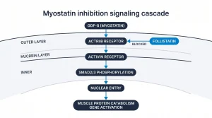 Myostatin inhibition signaling cascade: GDF-8 (myostatin) binds ActRIIB receptor -> activin receptor -> SMAD2/3 phosphorylation -> nuclear entry -> muscle protein catabolism gene activation. Follistatin counterbalance arrow shown blocking ActRIIB. Vertical flow diagram with labeled nodes and a "BLOCKED" annotation where bioregulator peptide intervenes.