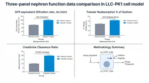 Three-panel nephron function data comparison in LLC-PK1 cell model: left bar = GFR equivalent (filtration rate, mL/min); center bar = tubular reabsorption % of sodium; right bar = creatinine clearance ratio. Each bar shows vehicle control (gray) vs peptide-treated (electric blue) with % change annotation. Clean bar chart, labeled axes, navy/blue palette.