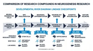 Infographic comparing Semax, PE-22-28, Selank, and NAD+ by neurogenesis research target, BDNF pathway role, and lab model type, for research use only