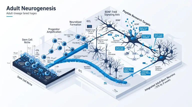 Diagram showing adult neurogenesis in the hippocampal dentate gyrus with BDNF-TrkB signal and peptide research targets marked, for research use only