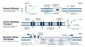 Comparing three peptide transport routes across the BBB: passive diffusion (gradient-driven), carrier-mediated transport (chemical shuttle), and receptor-based cell uptake (receptor binding triggers uptake).
