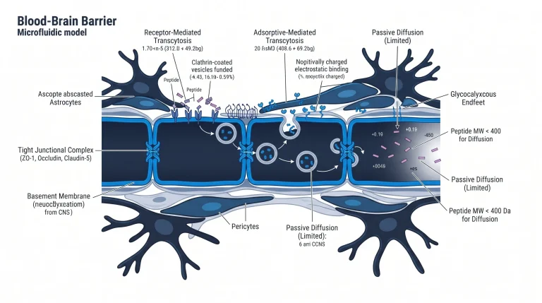 Illustration of the blood-brain barrier showing vessel lining cells, tight junctions, pericytes, and astrocytes forming the CNS protective layer.