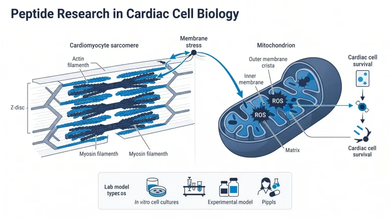 Diagram showing peptide cardiac cell biology research with mitochondrial ROS targets, cardiac cell survival readouts, and lab model types, for research use only