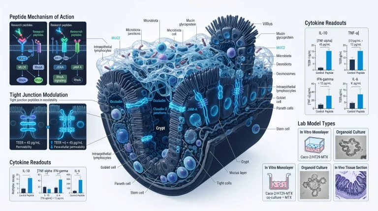 Diagram showing peptide gut mucosal biology research with tight junction proteins, cytokine readouts, and lab model types, for research use only