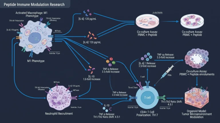 Diagram showing peptide immune modulation research path with cytokine readouts, macrophage activation, and lab model types, for research use only