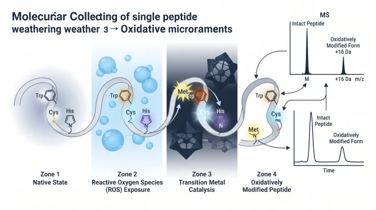 Position Filename (WebP) Alt Text Hero (header) peptide-oxidation-molecular-sites.webp Mass spectrum showing intact peptide peak at expected mass and oxidized form peak at plus 16 Da, with HPLC chromatogram showing two resolved peaks Infographic #1 peptide-oxidation-residue-infographic.webp Residue oxidation table showing Met, Trp, cysteine, and histidine susceptibility, with mass shifts for each oxidation product