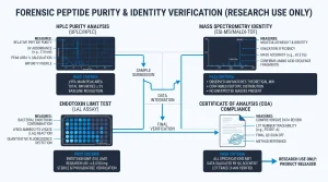 Infographic comparing HPLC, mass spectrometry, endotoxin testing, and COA by what each test measures and what a pass result means, for research use only