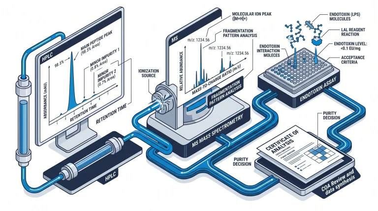 Diagram showing peptide purity research workflow with HPLC peak chart, mass spectrometry peak, and COA document, for research use only