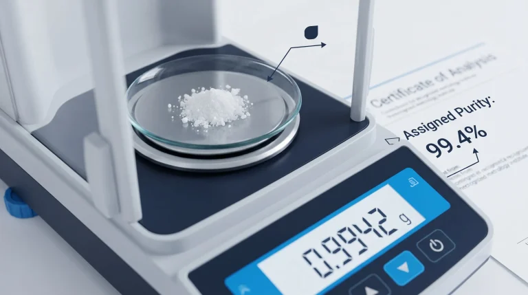 Analytical balance editorial close-up: precision analytical balance with a tared glass weighing dish on the pan, containing a small aliquot of reference standard peptide powder (white crystalline material). Balance display shows "0.99412 g". A USP or NIST certificate of analysis document partially visible beside the balance, showing "Assigned Purity: 99.4%". Clean white bench surface, clinical precision aesthetic, shallow depth of field.