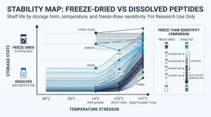 Infographic comparing freeze-dried vs dissolved peptide shelf life by storage form, temperature, stable duration, and freeze-thaw sensitivity, for research use only