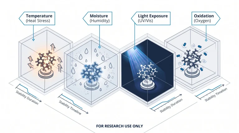Diagram showing research peptide shelf life factors including storage form, temperature, moisture, and light exposure with stability timelines, for research use only