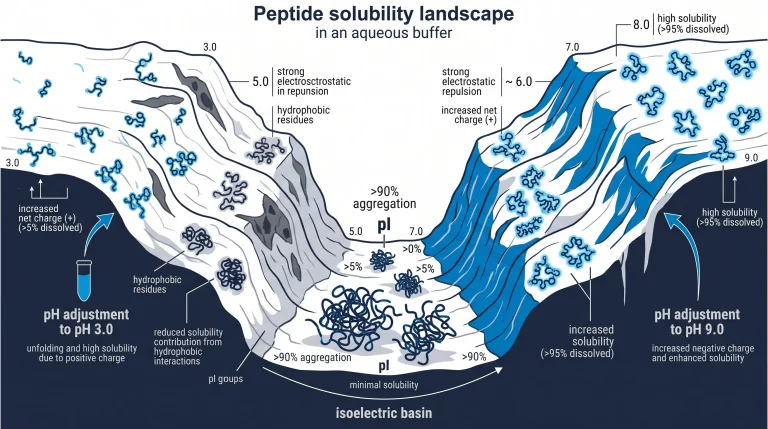 Diagram showing peptide solubility factors including net charge, hydrophobicity, and pH adjustment effects on dissolving in aqueous buffer