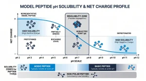 pH solubility chart showing how net charge of a model peptide changes from pH 2 to pH 12, with solubility zones marked for acidic, basic, and non-polar peptide types
