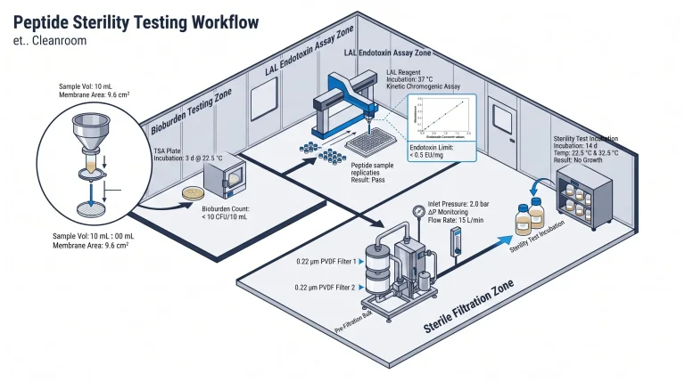 Diagram showing peptide sterility testing workflow including bioburden testing, LAL endotoxin assay, and 0.22 um sterile filtering steps