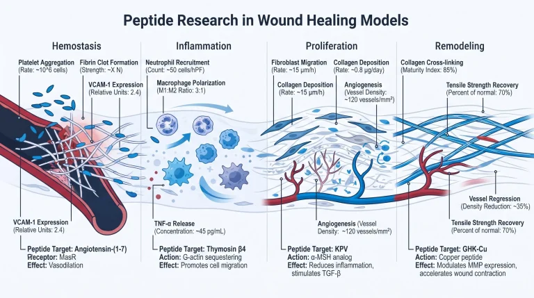 Diagram showing four wound healing stages (hemostasis, inflammation, proliferation, remodeling) with peptide research targets at each stage, for research use only